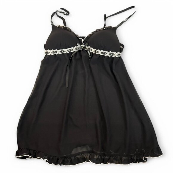 Black Lace Babydoll Top With sheer mesh and bow detail with polka dots & ruffles - Picture 1 of 8